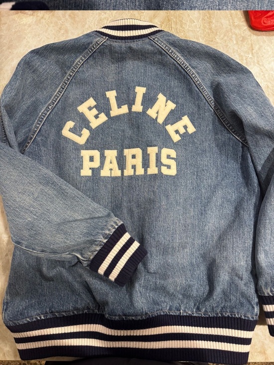 Celine Denim Embroidered Varsity Jacket with Blue & White Cuff Trim Size M - Picture 1 of 4